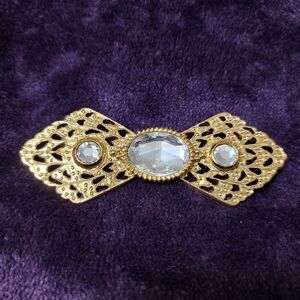 Vintage Victorian Revival Bow RHINESTONE Brooch Gold Tone Romantic Lace